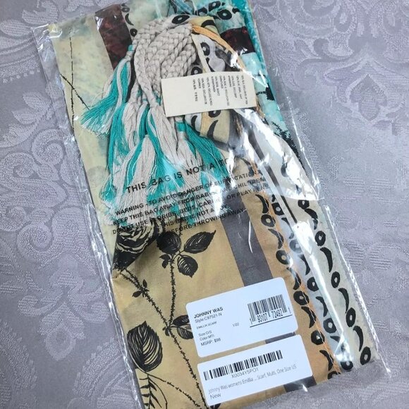 Johnny Was Emillia Silk Scarf Blue Square Large Beige Scarves Floral Tassels NEW - Picture 5 of 6